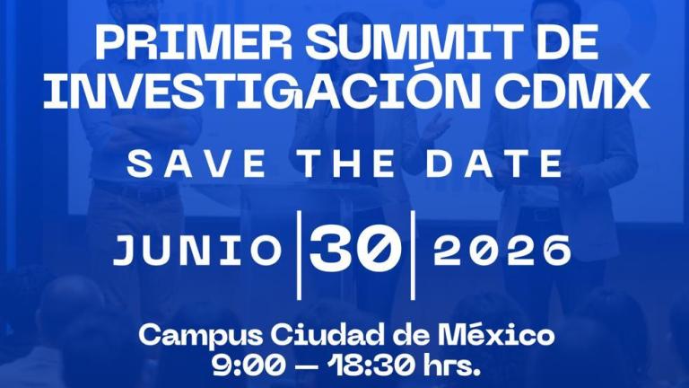 Cartel promocional del Tecnológico de Monterrey para el 'Primer Summit de Investigación CDMX'. El diseño es en tonos azules con hexágonos geométricos. Incluye la fecha 30 de junio de 2026, horario de 9:00 a 18:30 horas en el Campus Ciudad de México. El texto describe el evento como un espacio para conectar a la comunidad de investigación, visibilizar proyectos y detonar colaboraciones interdisciplinarias.