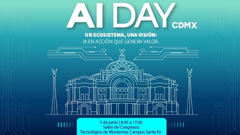Flyer oficial del AI Day CDMX 2026, evento realizado el 5 de junio en el Tecnológico de Monterrey Campus Santa Fe, Ciudad de México.