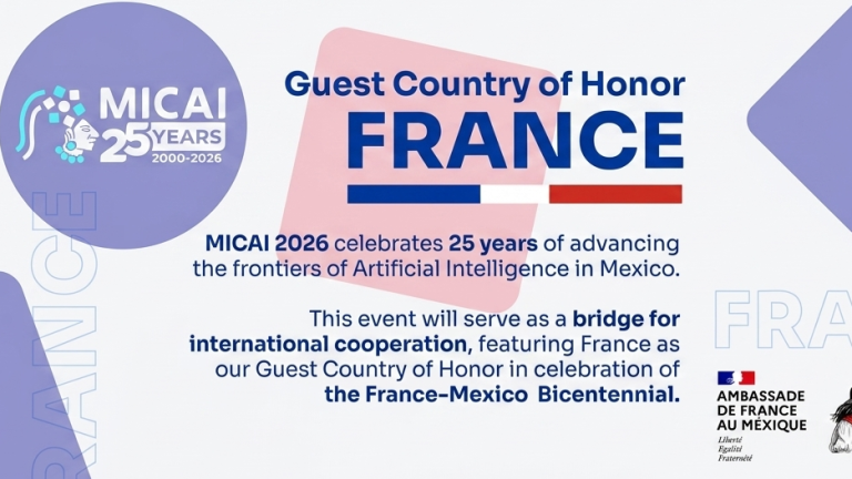 Official flyer for MICAI 2026, conference held in Chihuahua, Mexico, from November 2nd to 6th, 2026, with France as Guest Country of Honor.